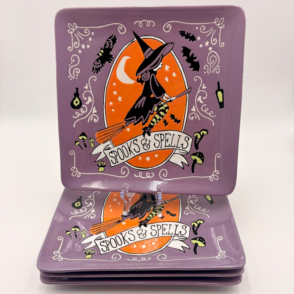 Eli & Ana Halloween Spooks & Spells Purple Witch Square Dinner Plates Set of 4